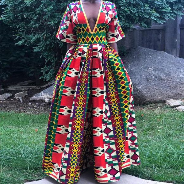 

deep v-neck jumpsuit spring 2021 style african women's sleeves fashion digital printing casual one-piece flared pants jumpsuits & rompe, Black;white