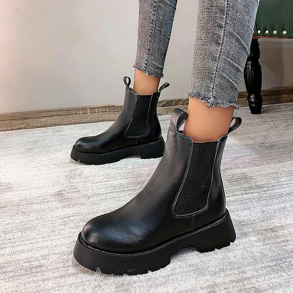 

boots soft pu leather women ankle fashion round toe platform shoes ladies casual low heel booties, Black