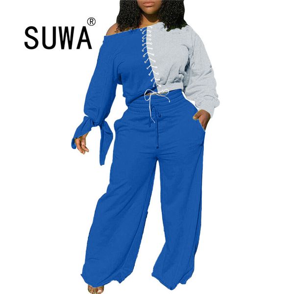 

2 color patchwork fashion two piece set women outfits pullover sweatshirt retro wide leg pants high waisted trousers 210525, White