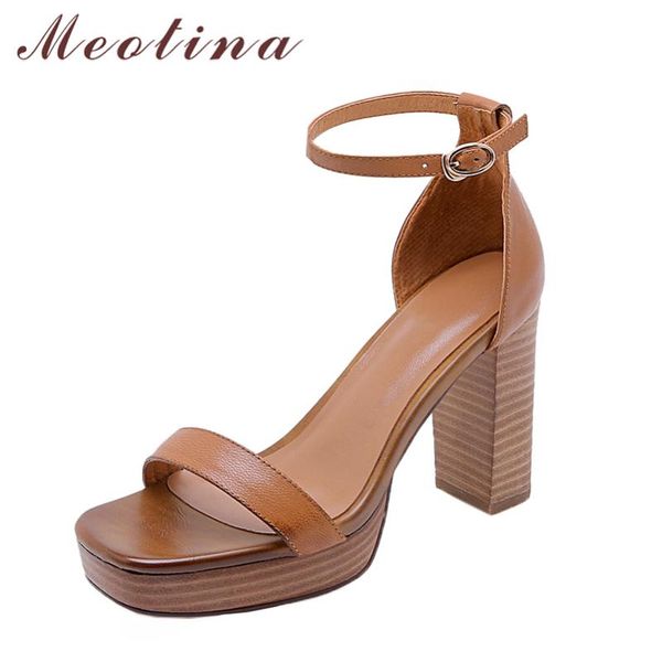 

meotina high heel sandals women shoes natural genuine leather cow ankle strap ladies square toe spike, Black
