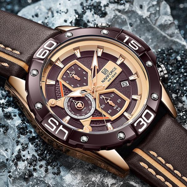

wristwatches naviforce sports watches men blue military genuine leather wrist watch male clock fashion chronograph, Slivery;brown