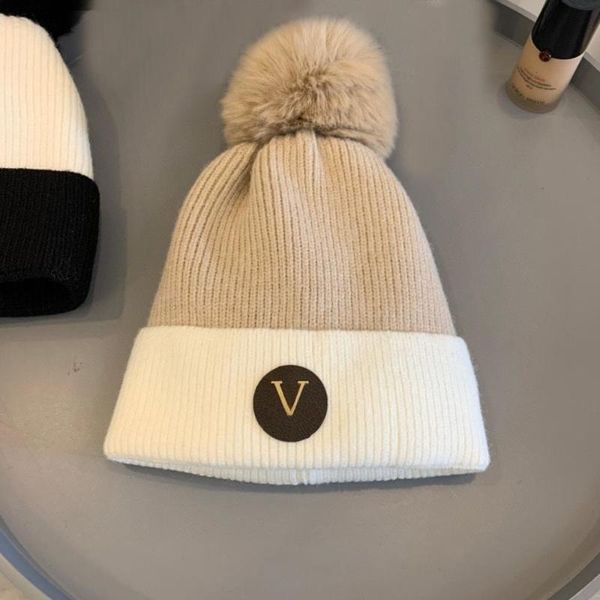 

beanie/skull caps winter brand 2021 design knitted woolen fur ball cute keep warm thicken leather label letter pullover hat 30917, Blue;gray