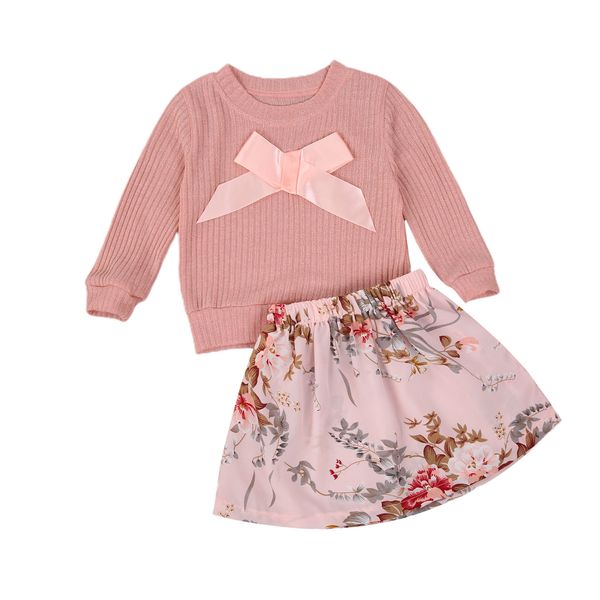 

toddler infant kids child girl clothes set autumn winter pink bow knit sweater floral skirt 2pcs outfits costume clothing, White