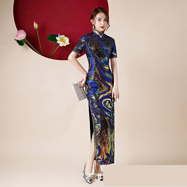

ethnic clothing big size 3xl-6xl cheongsam velour evening party dress gown elegant lady velvet qipao short sleeve bling sequins vestido, Red