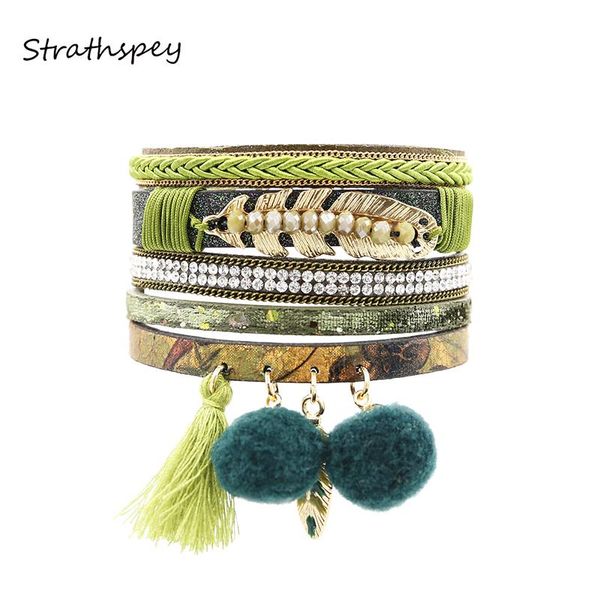 

tennis strathspey fashion women multi rows rhinestone set tassel fur ball pu lather bracelet & bangle gold leaf beads pendant olive, Golden;silver