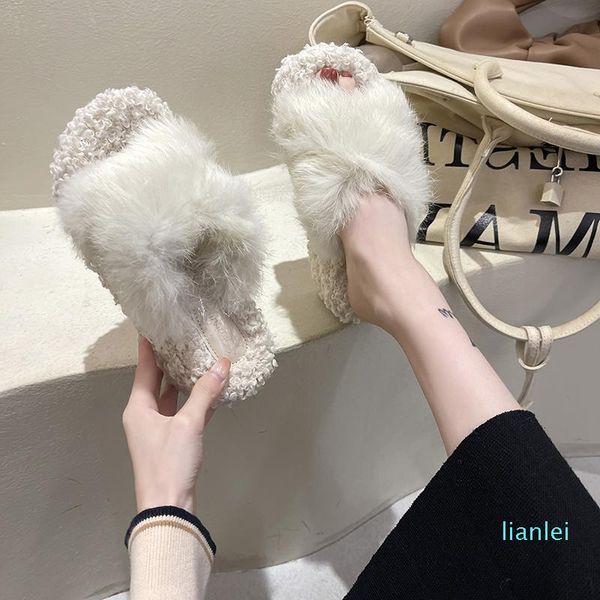 

woman 2021 casual platform pantofle winter footwear flock med fur flip flops luxury soft flat plush rome pu s, Black
