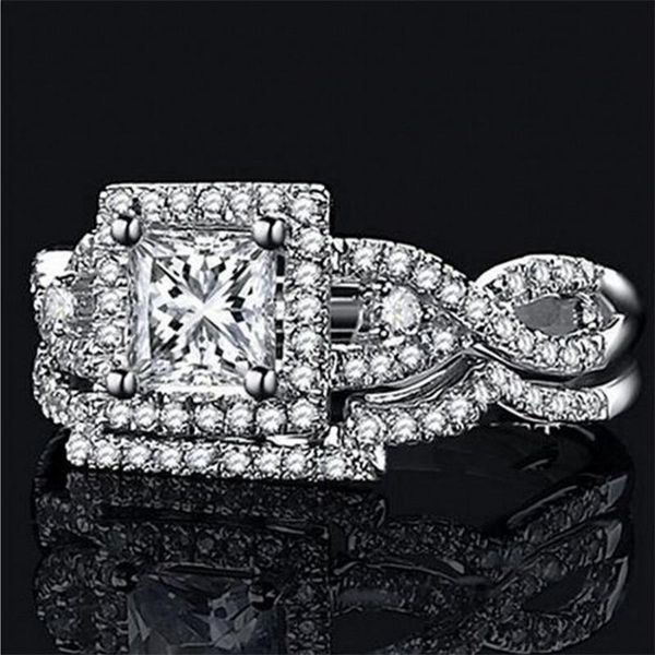 

cluster rings luxury 925 sterling silver square simulated diamond for women design wedding anniversary bride ring finger 2-in-1 jewelry, Golden;silver