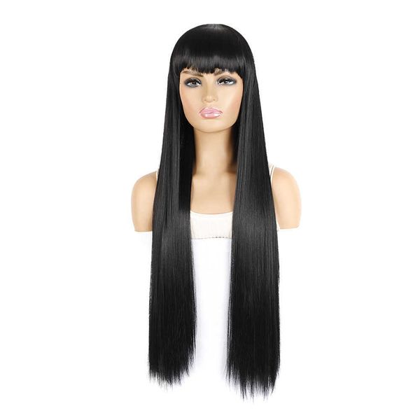 

wig female long hair oblique qi headgear flat bangs wig straight, Black