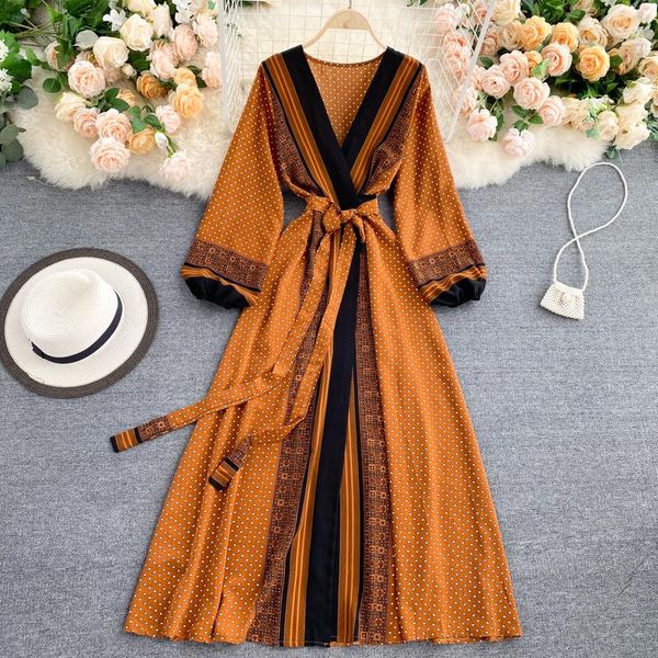 

casual dresses spring autumn women printed long dress vintage puff sleeve high waist a-line vestidos female 2021 fashion beach robe, Black;gray