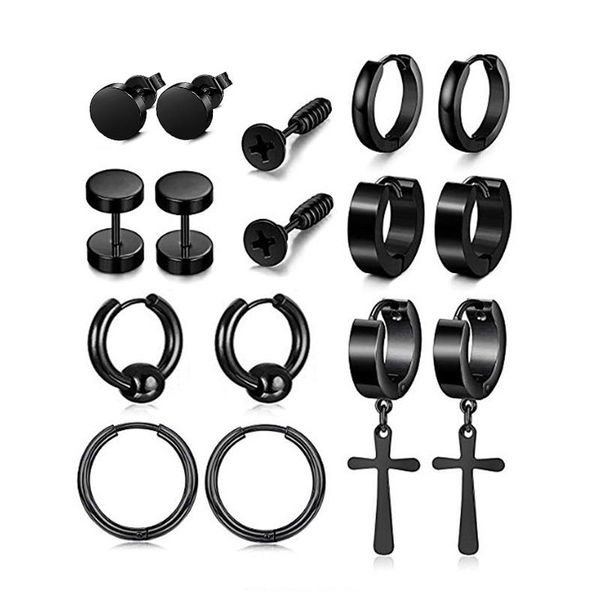 

hoop & huggie 2pcs punk black multiple styles stainless/titanium steel stud earrings for men and women gothic street hip hop ear jewelry, Golden;silver