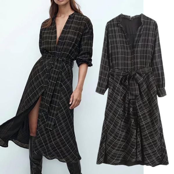 

casual dresses dave&di england simple fashion dress women autumn long vestidosindie folk vintage plaid sashes elegant midi, Black;gray
