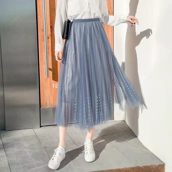 

skirts womens elastic waist sheer mesh pearl tutu a-line skirt femme tulle long maxi party wedding prom, Black