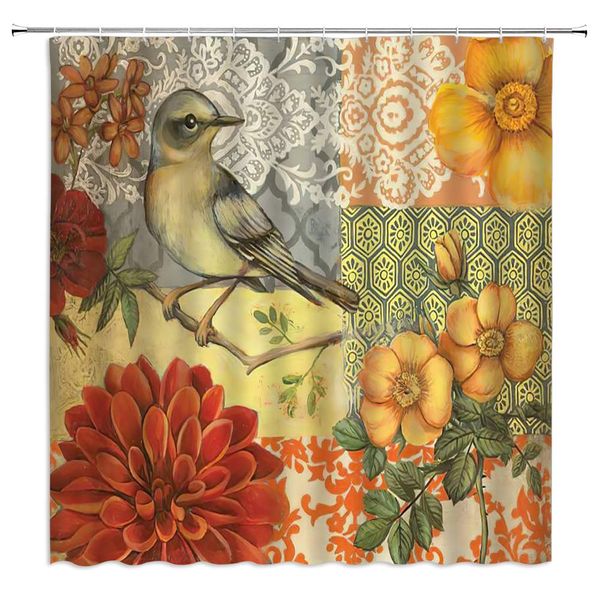 

sztnsm flower oil painting shower curtain retro mosaic floral pattern red yellow flowers birds standing on branches,70x70 inch