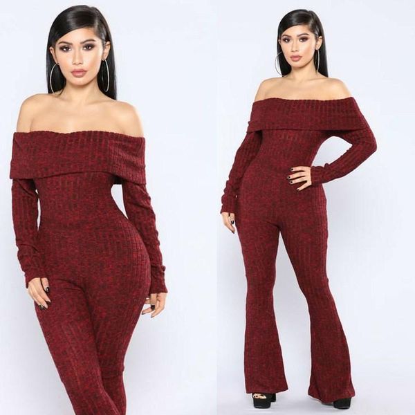 

women's jumpsuits & rompers 2021 autumn women knit sweater jumpsuit off shoulder long sleeve slim overalls, Black;white
