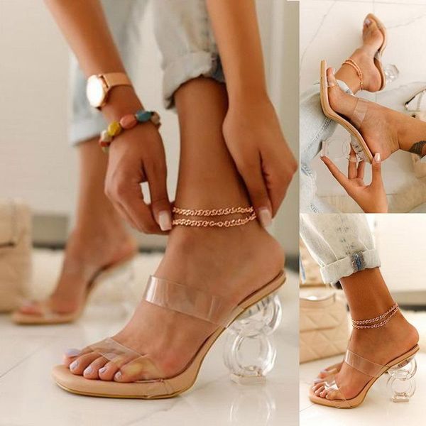 

clear heels sandals women pvc transparent chain summer shoes woman suede ankle strappy sandalias mujer 2021, Black