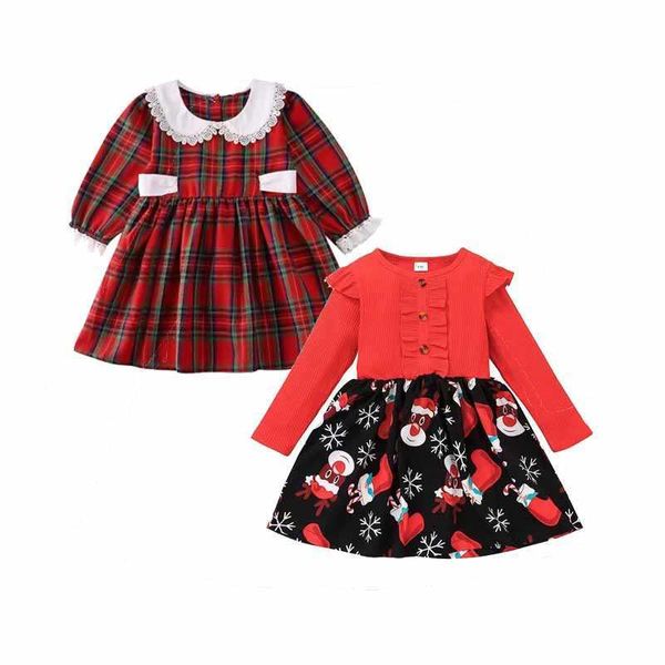 6m-6y vestido de natal para meninas criança criança criança vermelho vestidos de arco xadrez para menina festa de ano novo princesa trajes g1026