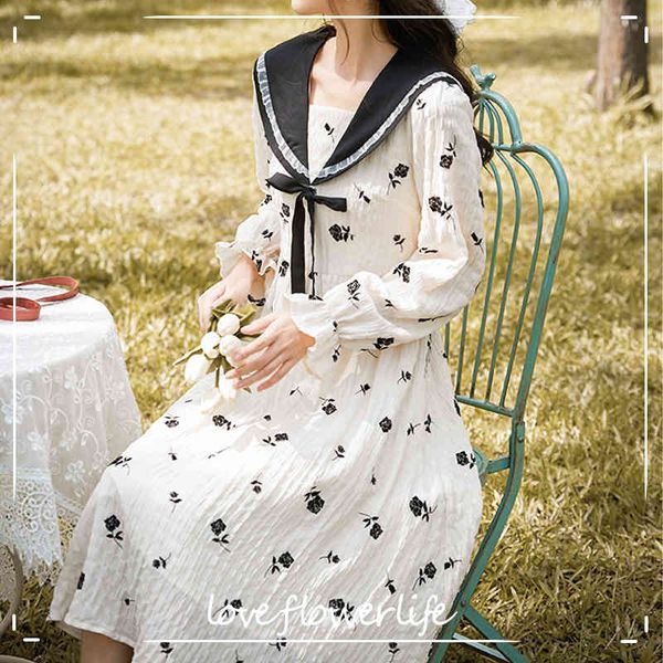 

retro floral dress women casual fairy elegant party midi vintage dress female bow long sleeve dress korean autumn 210521, Black;gray