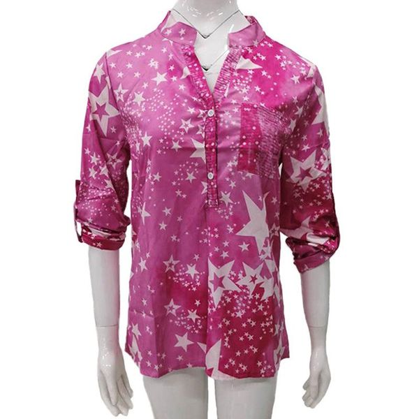 

women's blouses & shirts 2021 blouse women shirt long sleeve star print lady fashion v-neck pocket button streetwear loose chiffon, White