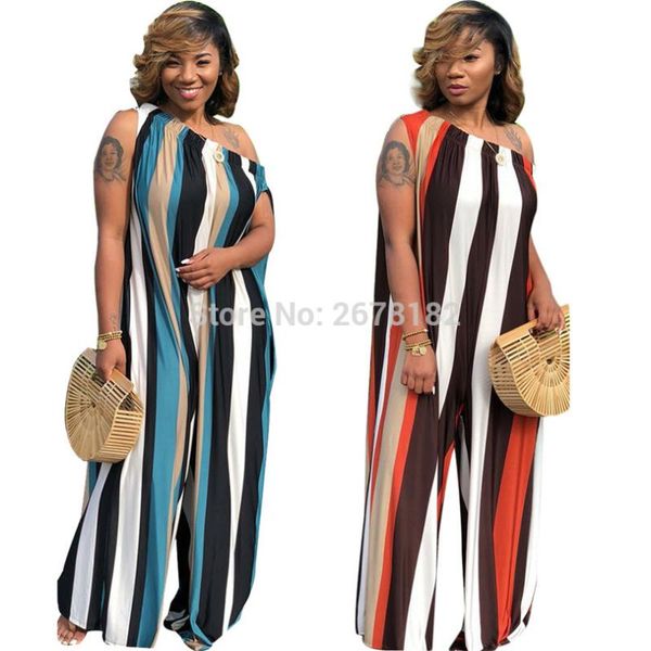 

women's jumpsuits & rompers contrast color striped printed full-length jumpsuit streetwear off shoulder slash neck wide legs pants loos, Black;white