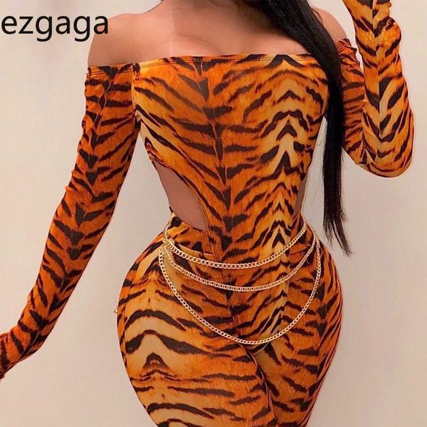Ezgaga 2 кусок костюма Женщины Бодислот с длинным рукавом осенью косой шеи с плеч леопардовые брюки в глухой одежде сексуальный комбинезон Clubwear 210430