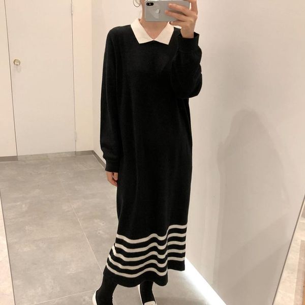 

casual dresses autumn all-match hit color lapel loose striped knitted dress women long sleeve maxi vestido de mujer retro straight robe, Black;gray