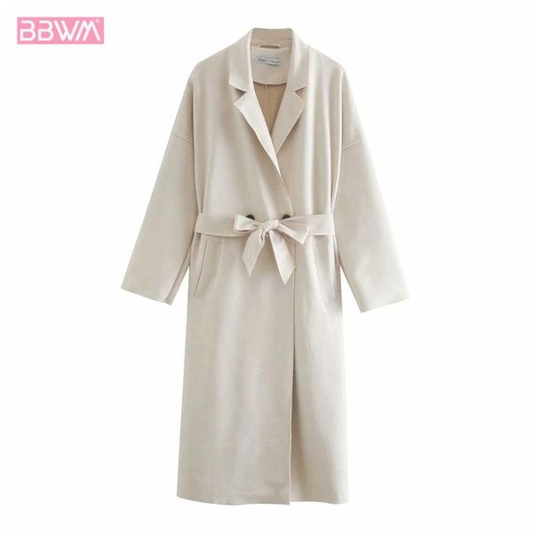 

vintage suede lapel women's overcoat texture side pockets pure color temperament with belt chic female wool & blends, Black