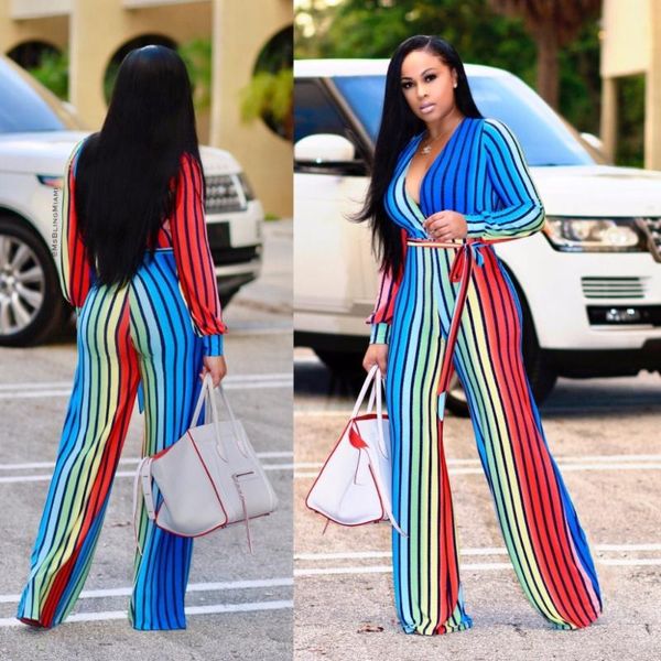

women's jumpsuits & rompers deep v-neck full sleeve striped print women patchwork pattern wide leg color block elegant loose long plays, Black;white