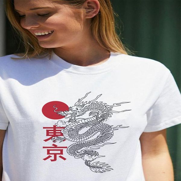 

fashion japanese t-shirt women's harajuku street style tee dragon sun tokyo vintage grunge cute aesthetic clothes, White