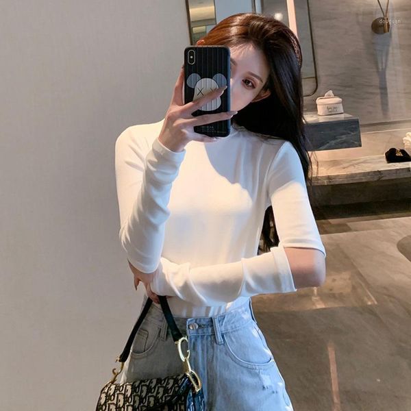 

long-sleeved shirts women's korean version of the scheming hole solid color u-neck women bottoming shirt t-shirt, White