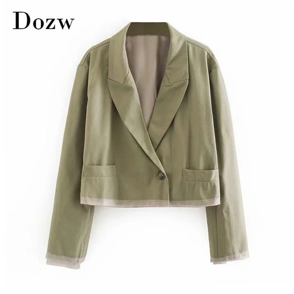 Mode Armee Grüne Farbe Kurzer Blazer Frauen Patchwork Langarm Arbeitskleidung Blazer Dame Tasche Single Button Mantel 210515