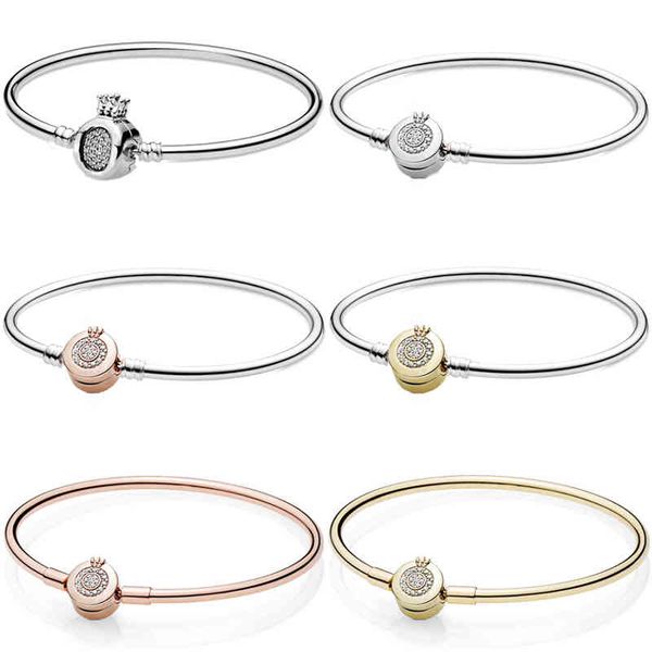 

original moments sparkling crown o snake chain bangle fit 925 sterling silver pandora bracelet bead charm diy jewelry, Golden;silver