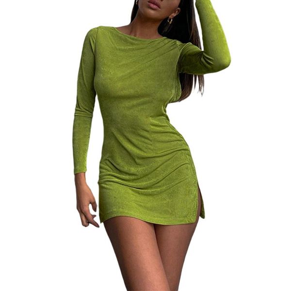 

casual dresses women tie-up dress adults backless solid color round neck long sleeve slit, Black;gray