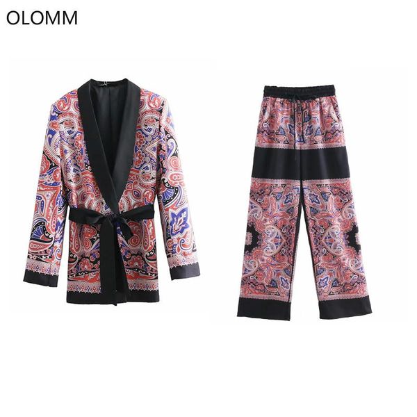 

women's suits & blazers suit female 2021 summer fashion lapel long sleeve printed jacket casual loose trousers two sets with belt, White;black