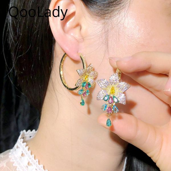 

qoolady fashion ethnic gold multicolor cubic zircon big flower baroque brides hoop earring vintage gypsy boho women jewelry e177 & huggie, Golden;silver