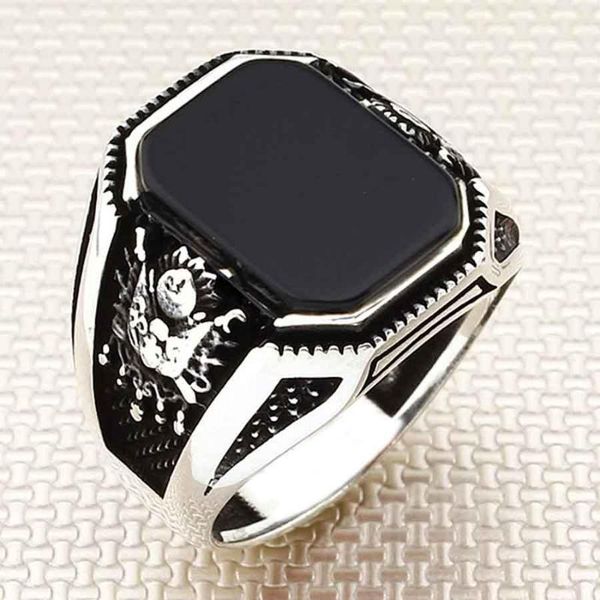 

cluster rings ottoman coat of arms silver ring plain model black onyx gemstone handcarved vintage men jewelery, Golden;silver