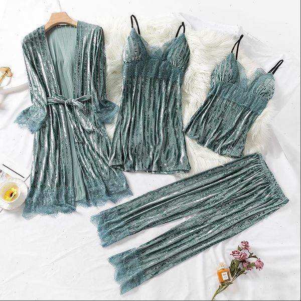 

4pcs velvet pajamas sets women sleepwear autumn winter long sleeve shirts pants homewear warm pijamas robe lounge suit, Black;red