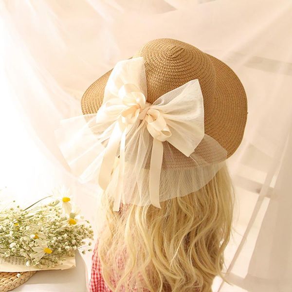 

children straw hats 2021 summer toddler girls sun-protection kids mesh bowknot accessories holidays beach caps, Yellow