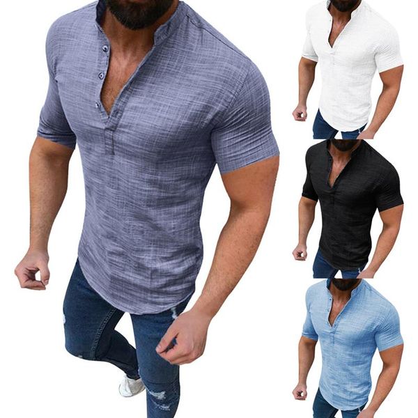 

men's casual shirts cotton linen loose t-shirt summer short sleeve tee ovesized solid button t shirt for men wholesale, White;black