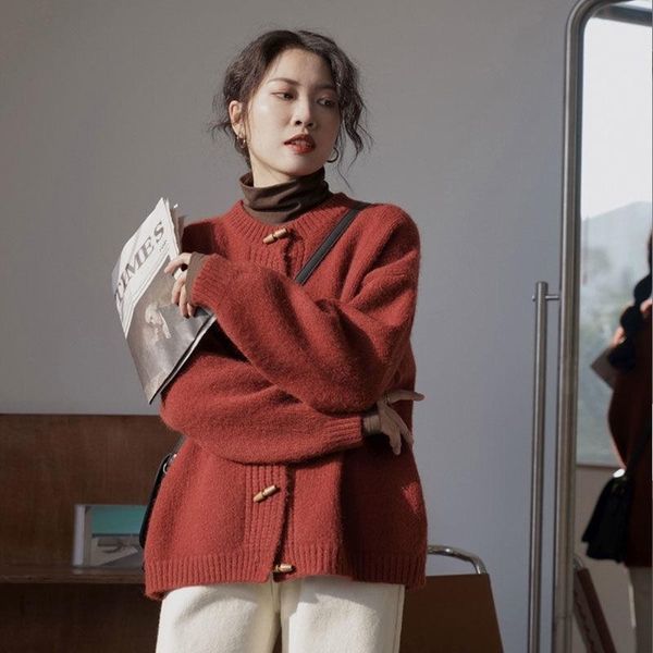 

women's knits & tees red cardigan sweater horn button autumn and winter knitted loose outer wear korean version, White