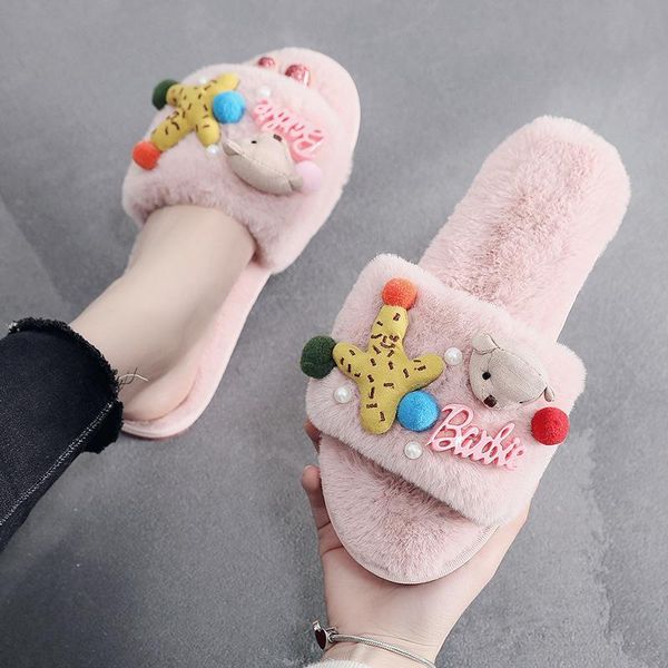 

slippers fleece plush for women wear 2021 cute net red sandals tide shoes lazy household cotton in winter, Black