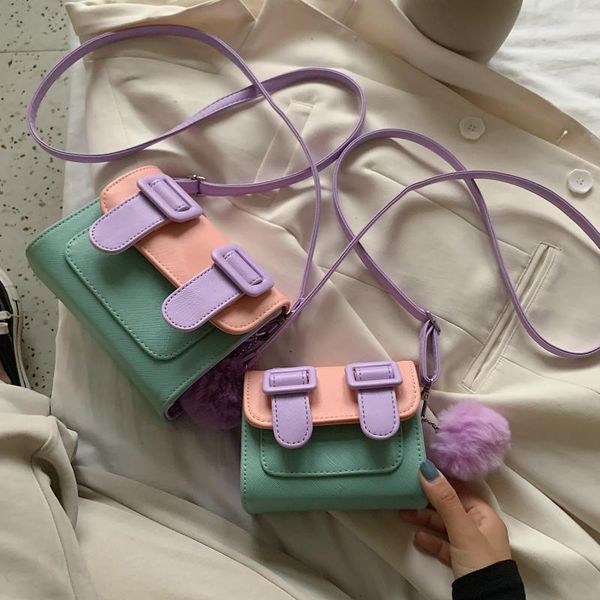 

evening bags contrast color mini pu leather crossbody for women 2021 summer shoulder handbags female cross body bag with hair ball