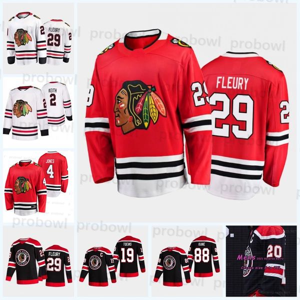 

chicago blackhawks #29 marc-andre fleury 2021 reverse retro hockey jersey patrick kane caleb jones jonathan toews kirby dach adam gaudette m, Black;red