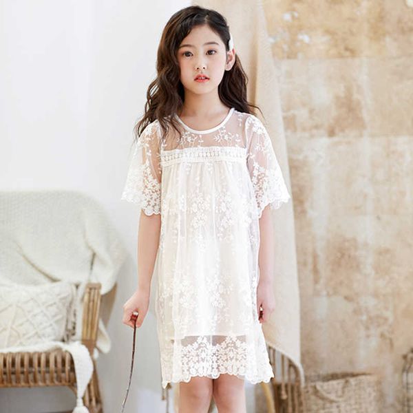 2021 verão algodão líquido fio lace meninas vestidos crianças saia crianças roupas 3-14 anos velho vestido branco de princesa Q0716