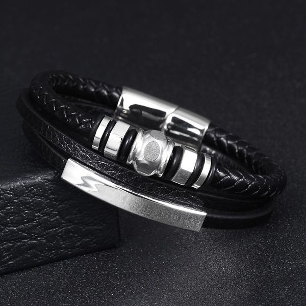 

link, chain black leather rope cowhide men's multilayer stainless steel nut braided bracelet fashion