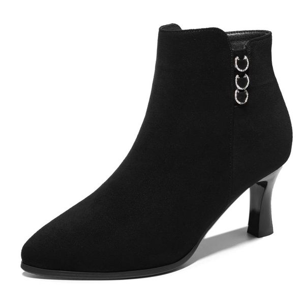 

dress shoes pointed thick heel women's boots, solid color with side zipper, platform, Black