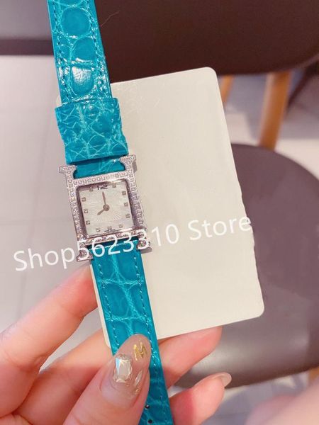

wristwatches luxury women digital quartz wristwatch multicolor real leather ladies bracelet square diamond dial watches mother of pearl cloc, Slivery;brown
