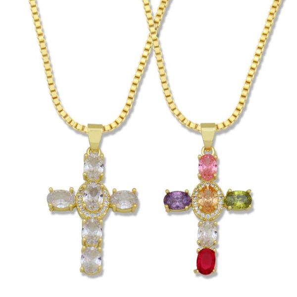 

chokers multicolor crystal cross necklaces for women cubic zirconia jesus christian jewelry gold pendant rainbow necklace cruz arcoiris, Golden;silver