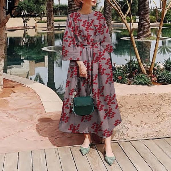 

casual dresses 2021 women floral print long dress celmia party with pockets autumn fashion 3/4 sleeve maxi vestidos elegant cotton a line, Black;gray