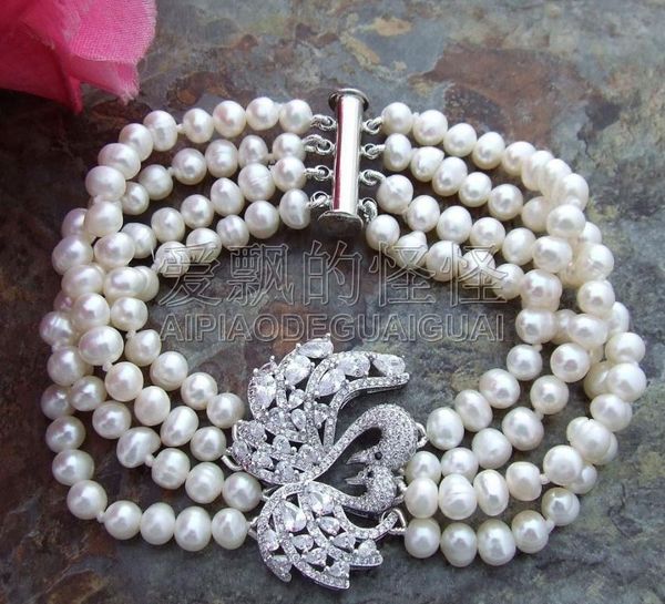 

beaded, strands women's 4 8" white pearl bracelet cz connector, Black