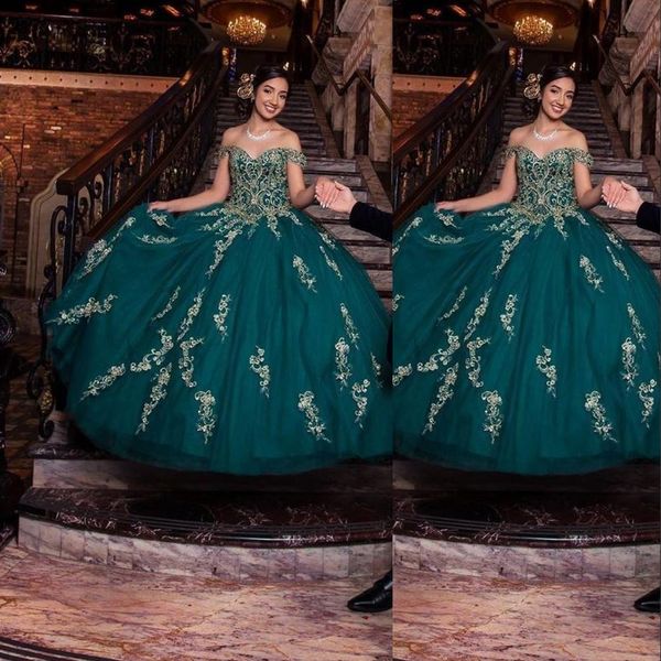 

2021 hunter green vintage quinceanera dresses ball gown off shoulder gold lace appliques crystal beads tulle short sleeves sweet 16 party pr, Blue;red